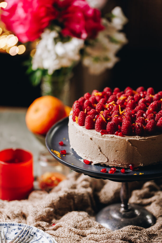 Whole Orange Almond Cake on a cake stand