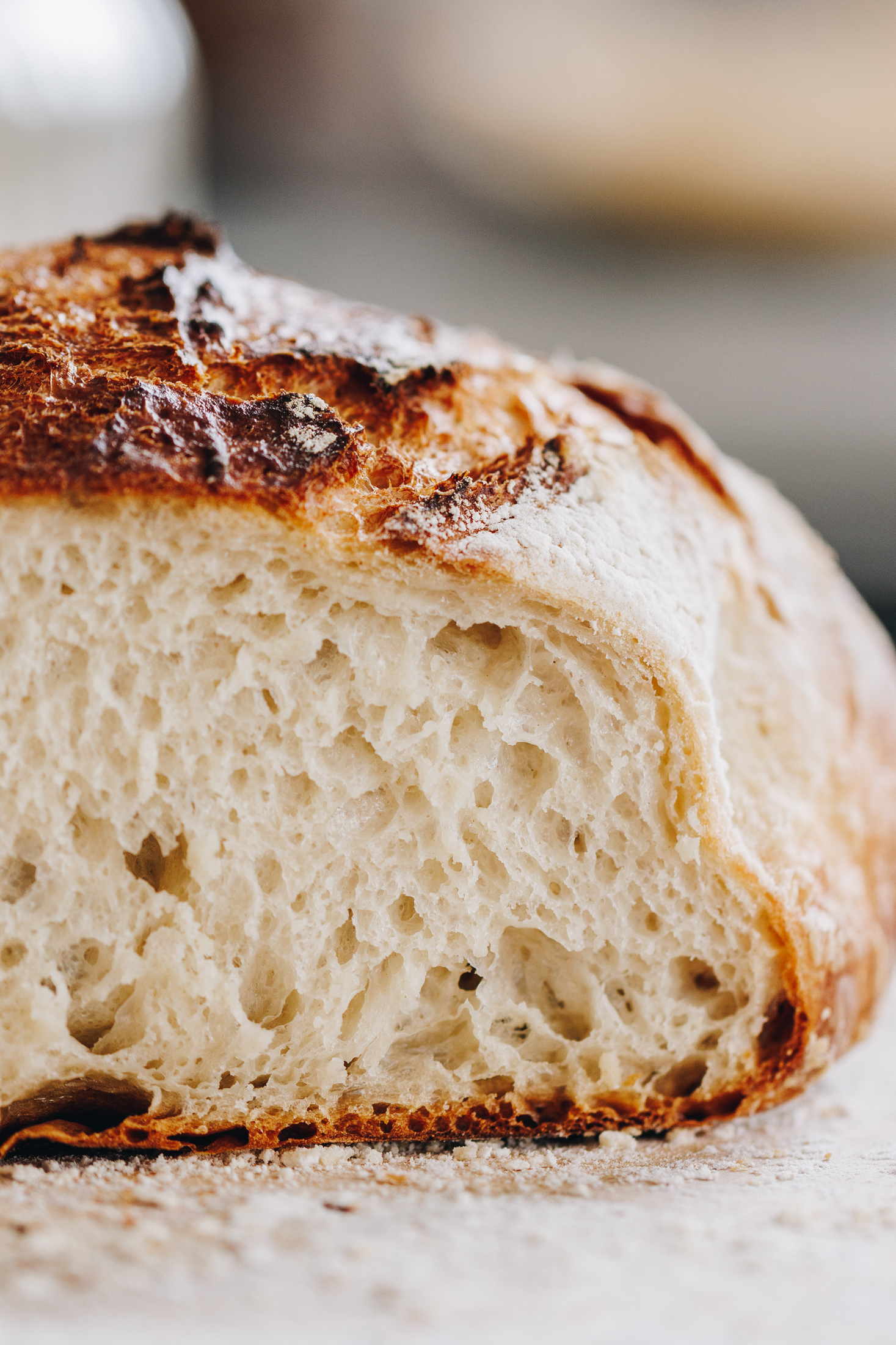 A close up shows the freshly baked Rustic No-knead Bread Loaf has been cut open, it shows the crusty crust and soft interior. It is on a floured table.