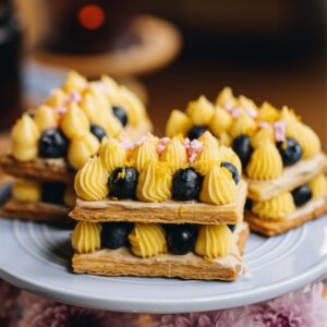 simple lemon custard and is piped on to two layers of pastry with blueberries in between each one.