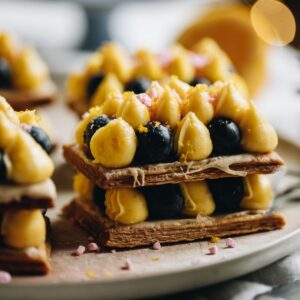 A close up of Lemon Blueberry Mille feuille is on a pink plate, lemon custard and is piped on to two layers of pastry with blueberries in between each one.