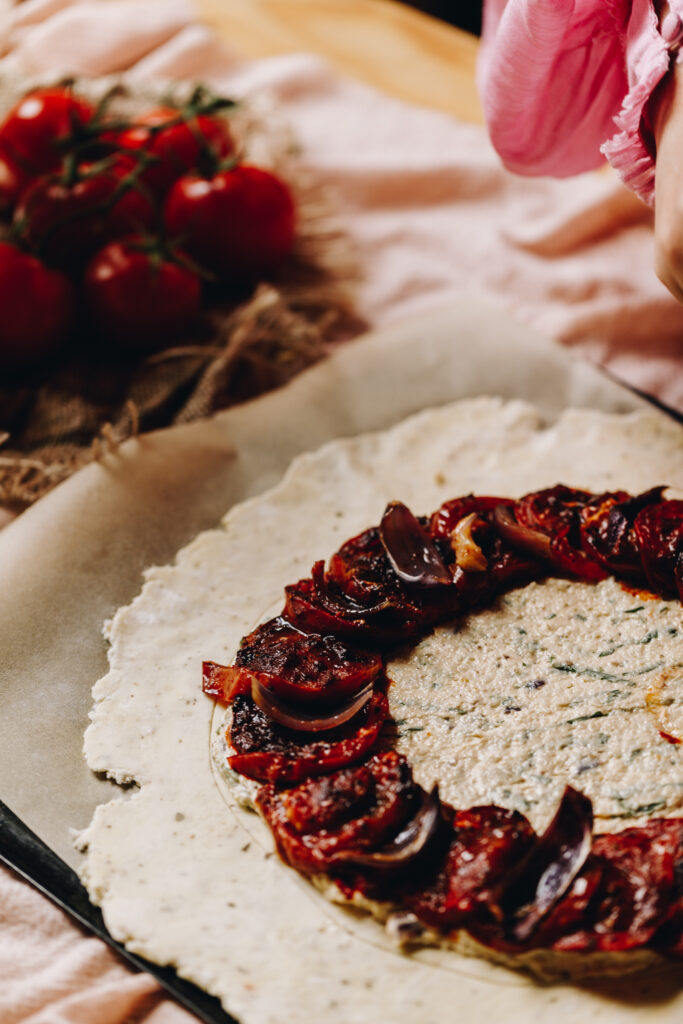 Add the roasted vegetables to the pastry