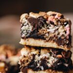 A close up shot of freshly baked Brookie Slice, showing the layers.