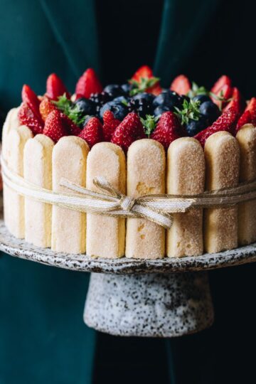 A whole Charlotte Cake is being held in the air by two hands. It is on a ceramic cake stand and is surrounded by lady fingers and topped with fresh berries.