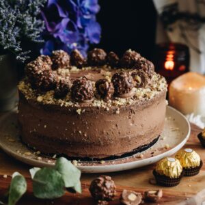 A whole decorated chocolate Hazelnut cake is on a pink plate, sitting on a wooden board. It is decorated with chocolate buttercream and forerro rocher chocolates.