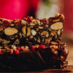 Close up of the textures inside a chocolate nut and seed slice