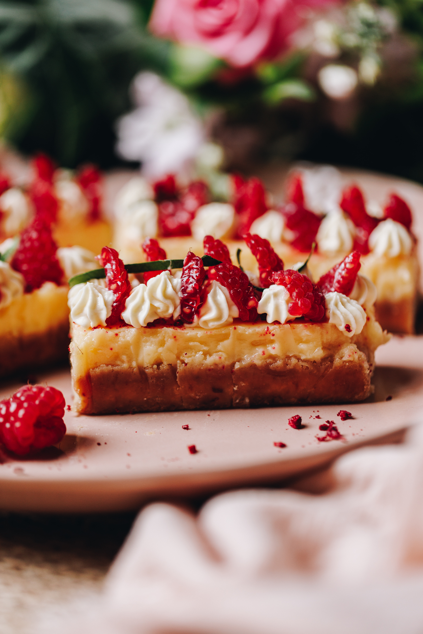 A close up shot of a pink plate with lemon bars that are decorated with piped white chocolate yogurt cream, slices of fresh raspberries and slivers of lime leaves. 