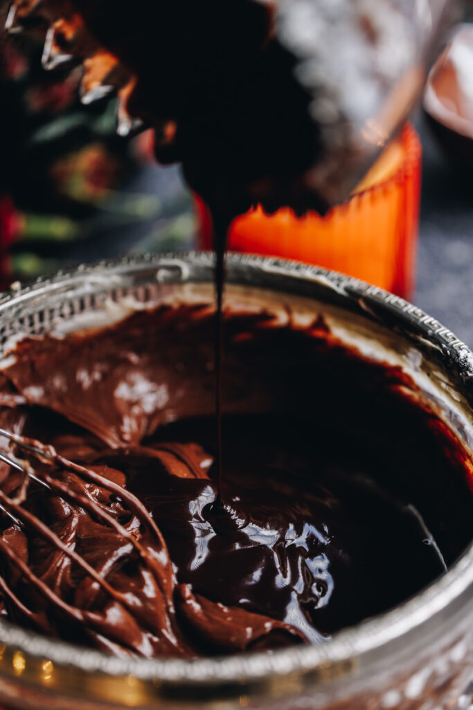 Melted chocolate added to the cream cheese mixture