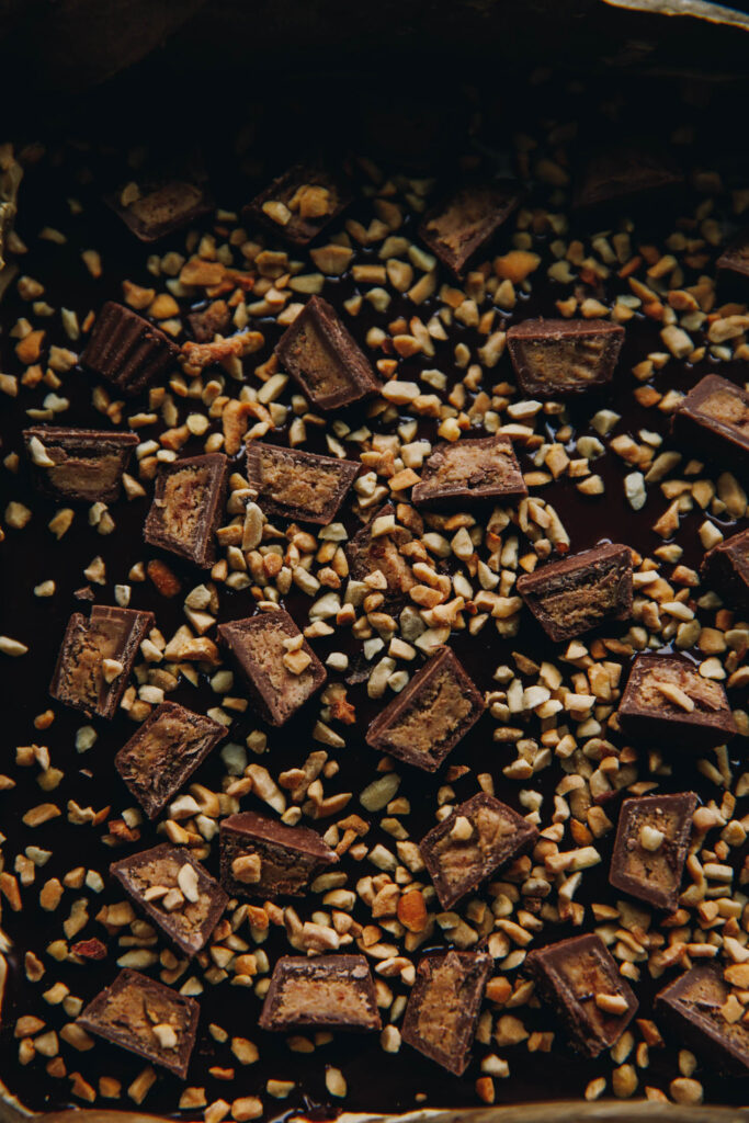 A flatlay of the texture of the Peanut Butter Weetbix Slice showing the arrangement of the mini peanut butter cups cut up and the chopped peanuts. 