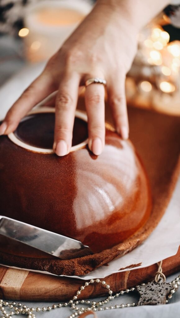 A brown ceramic bowl is pressed in to a sheet of thin chocolate sponge cake. A knife is cutting out the shape of the bowl. A sprinkle of Christmas decorations are at the front.